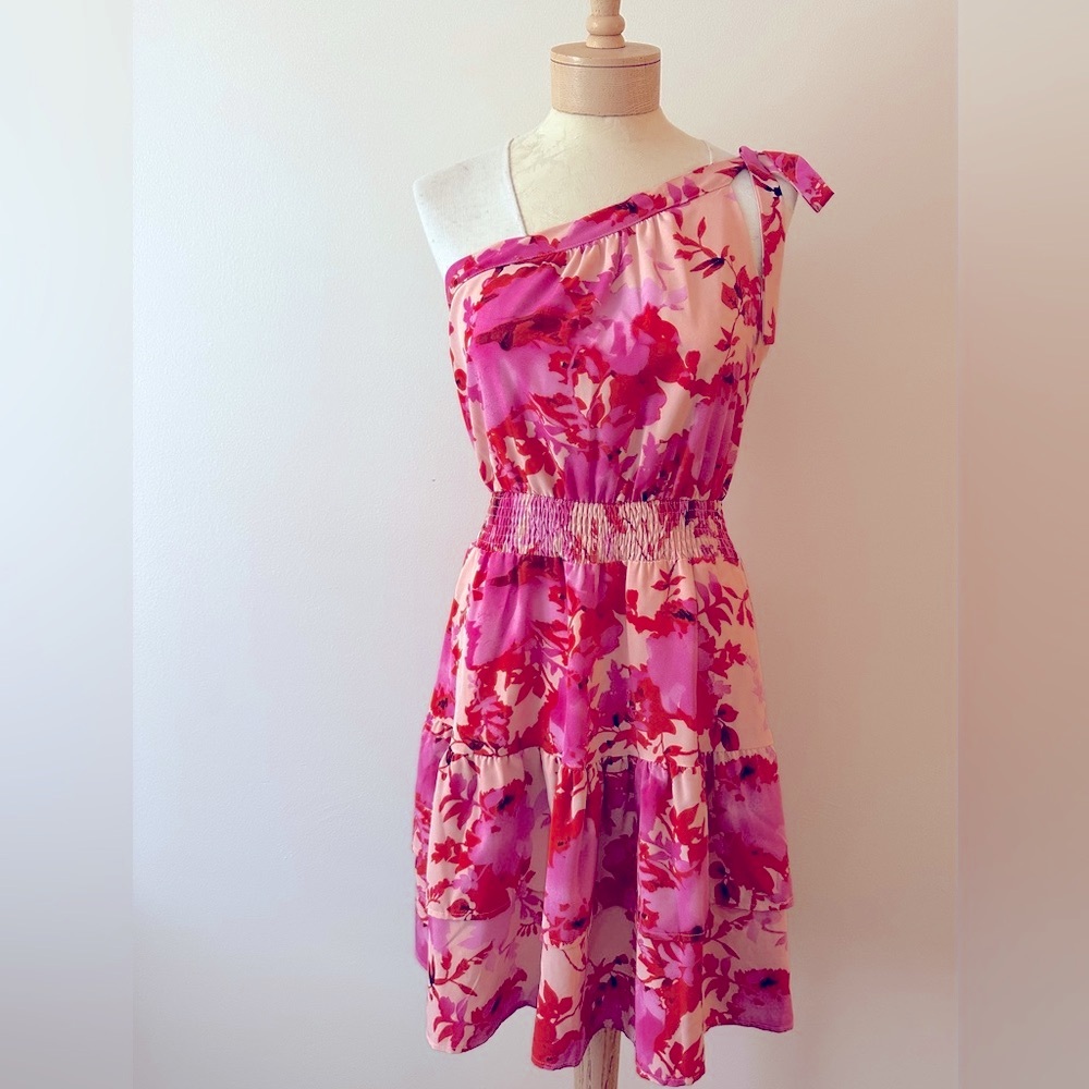 PRETTYGARDEN One-Shoulder Pink Floral Dress S